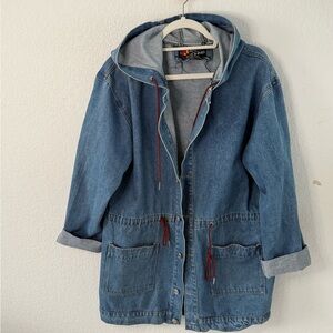 Vintage Denim Hooded Jacket with Red Accents